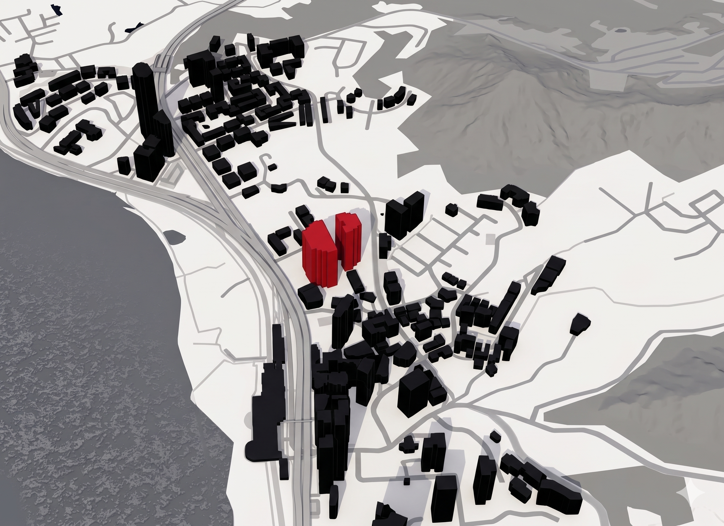 Architectural map model with highlighted buildings